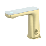 An image of Nero Tapware Claudia Sensor Mixer With White Top Display Brushed Gold