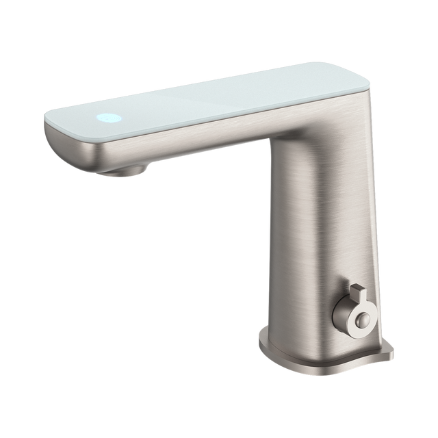 An image of Nero Tapware Claudia Sensor Mixer With White Top Display Brushed Nickel