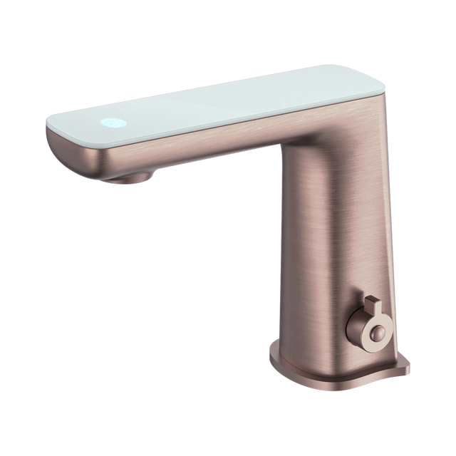 An image of Nero Tapware Claudia Sensor Mixer With White Top Display Brushed Bronze