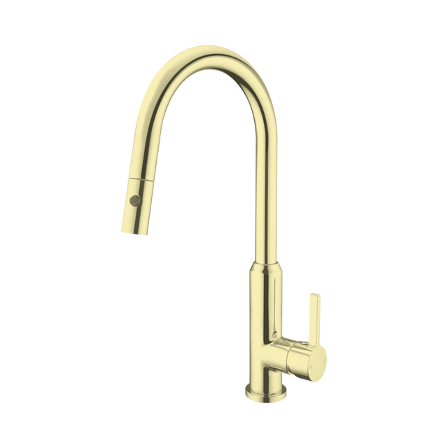An image of Nero Tapware Pearl Pull Out Sink Mixer With Vegie Spray Function Brushed Gold