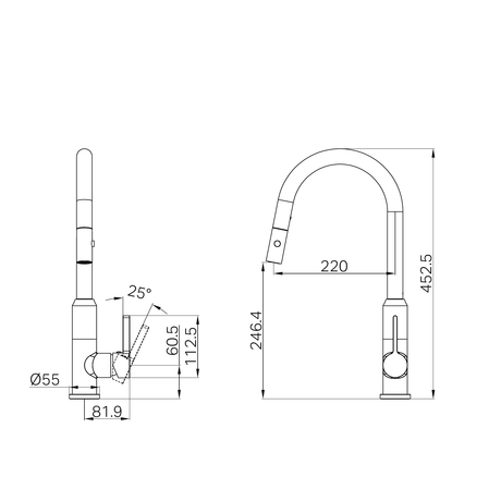 A line drawing of Nero Tapware Pearl Pull Out Sink Mixer With Vegie Spray Function Gun Metal