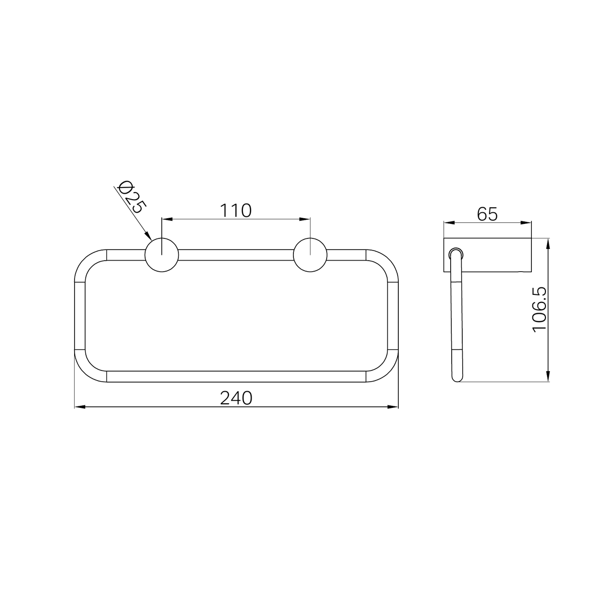 A line drawing of Nero Tapware New Mecca Towel Ring Brushed Gold