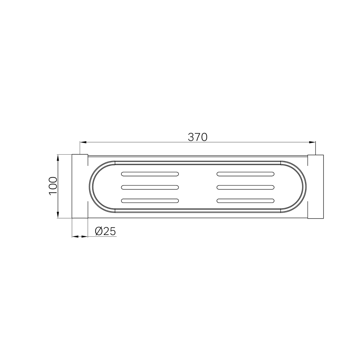 A line drawing of Nero Tapware New Mecca Metal Shower Shelf Gun Metal