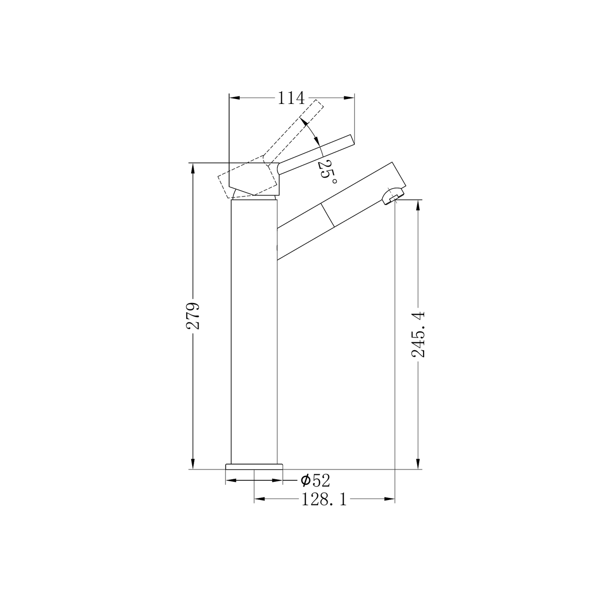 A line drawing of Nero Tapware Dolce Tall Basin Mixer Angle Spout Chrome