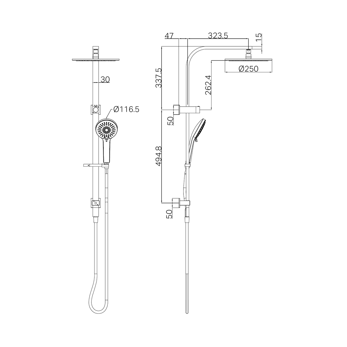 A line drawing of Nero Tapware Bianca Twin Shower Brushed Gold