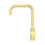 An image of Nero Tapware Dolce Kitchen Mixer Square Shape Brushed Gold