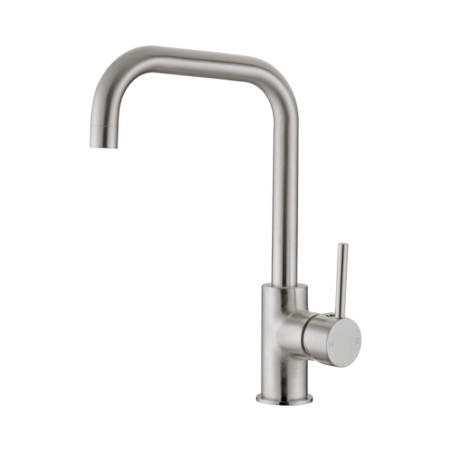 An image of Nero Tapware Dolce Kitchen Mixer Square Shape Brushed Nickel