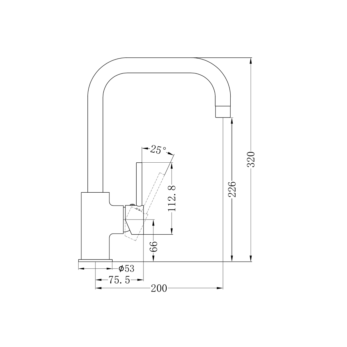A line drawing of Nero Tapware Dolce Kitchen Mixer Square Shape Brushed Nickel