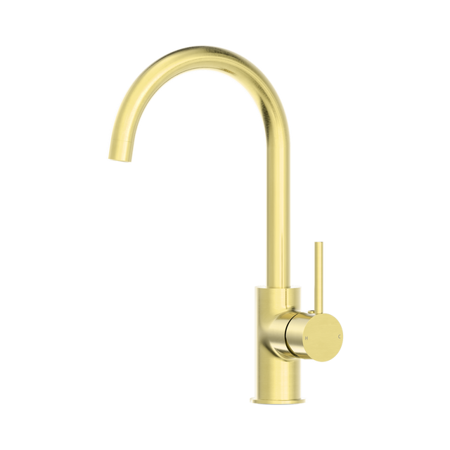 An image of Nero Tapware Dolce Kitchen Mixer Gooseneck Brushed Gold