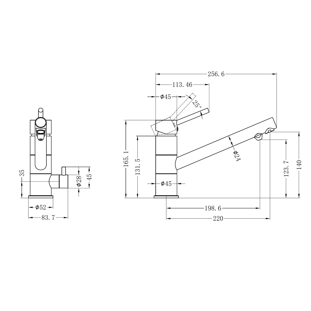 A line drawing of Nero Tapware Dolce Three-Way Kitchen Mixer Matte Black