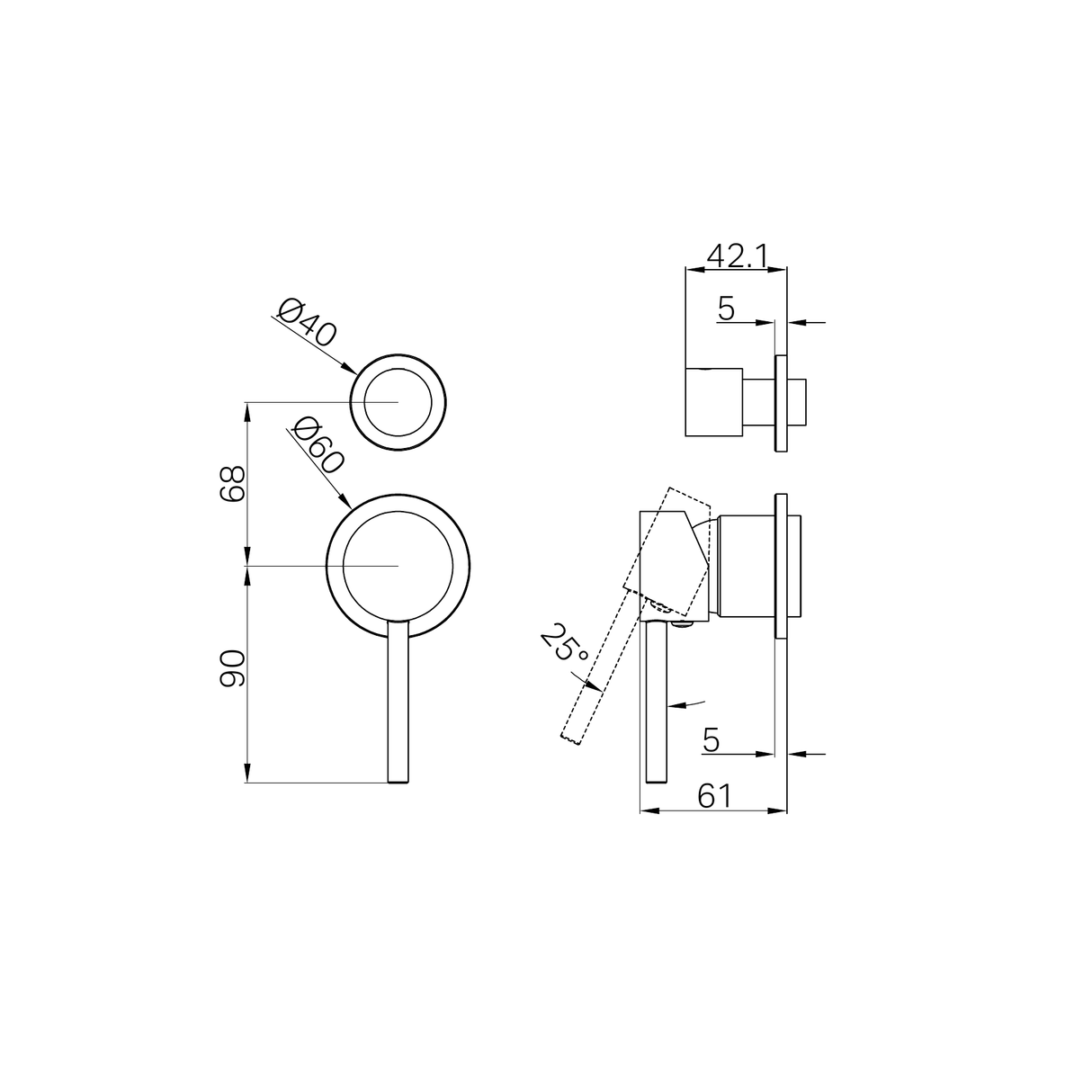 A line drawing of Nero Tapware Dolce Shower Mixer With Diverter Separate Back Plate Trim Kits Only Brushed Nickel