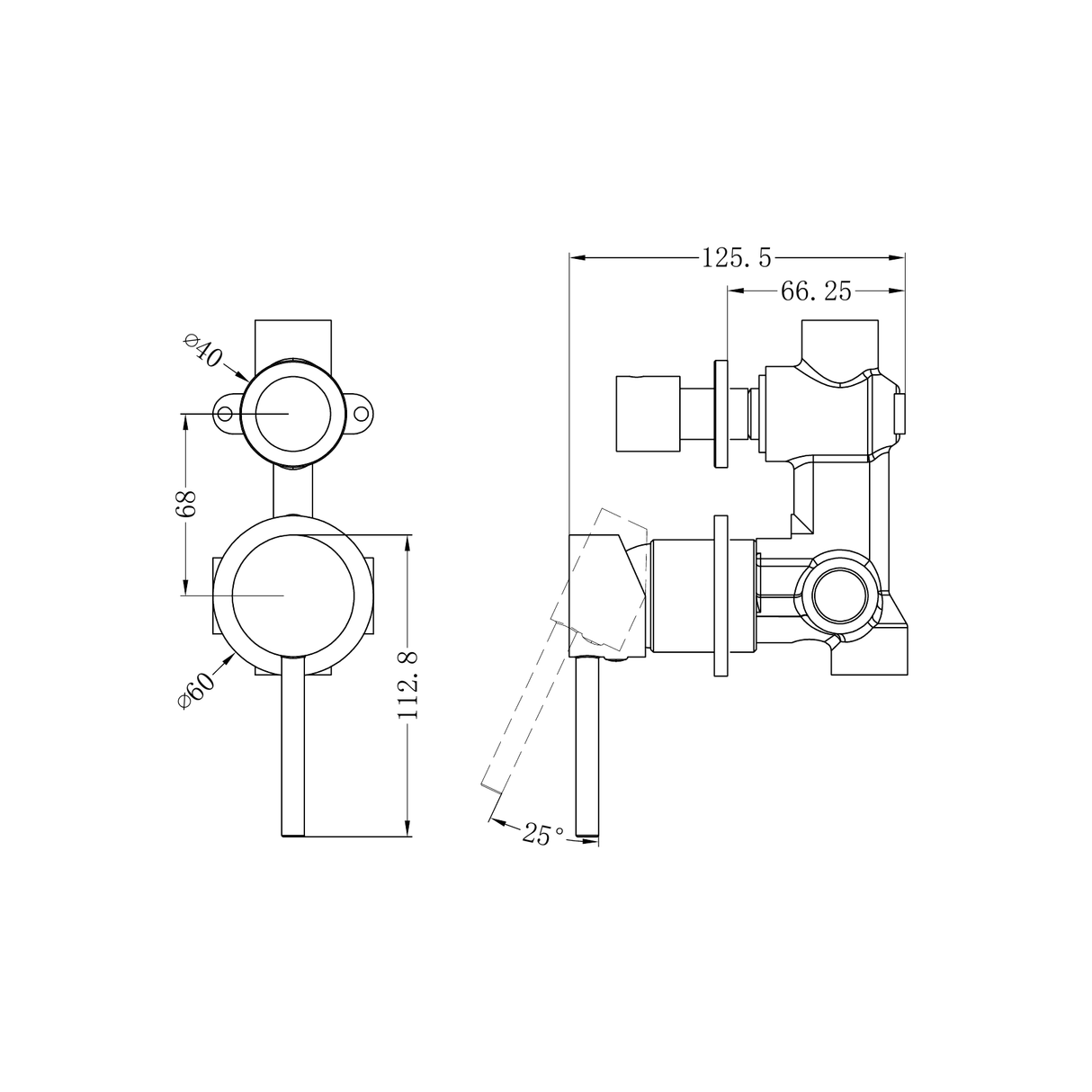 A line drawing of Nero Tapware Dolce Shower Mixer With Diverter Separate Back Plate Chrome