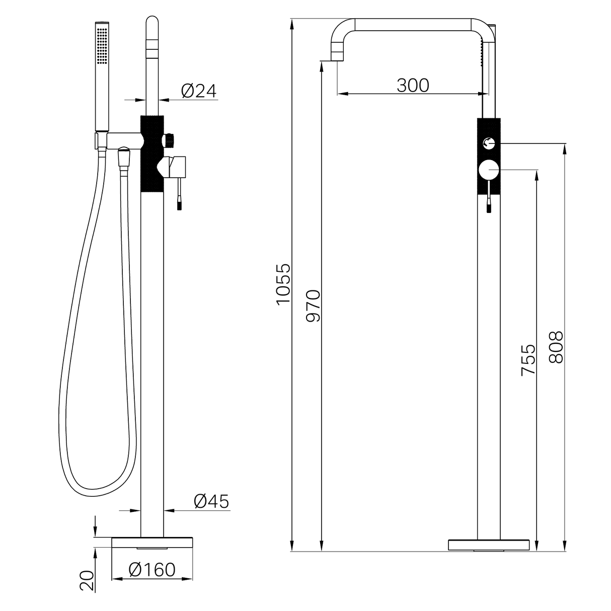 A line drawing of Nero Tapware Opal Freestanding Bath Mixer With Hand Shower Graphite