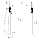 A line drawing of Nero Tapware Opal Freestanding Bath Mixer With Hand Shower Brushed Bronze