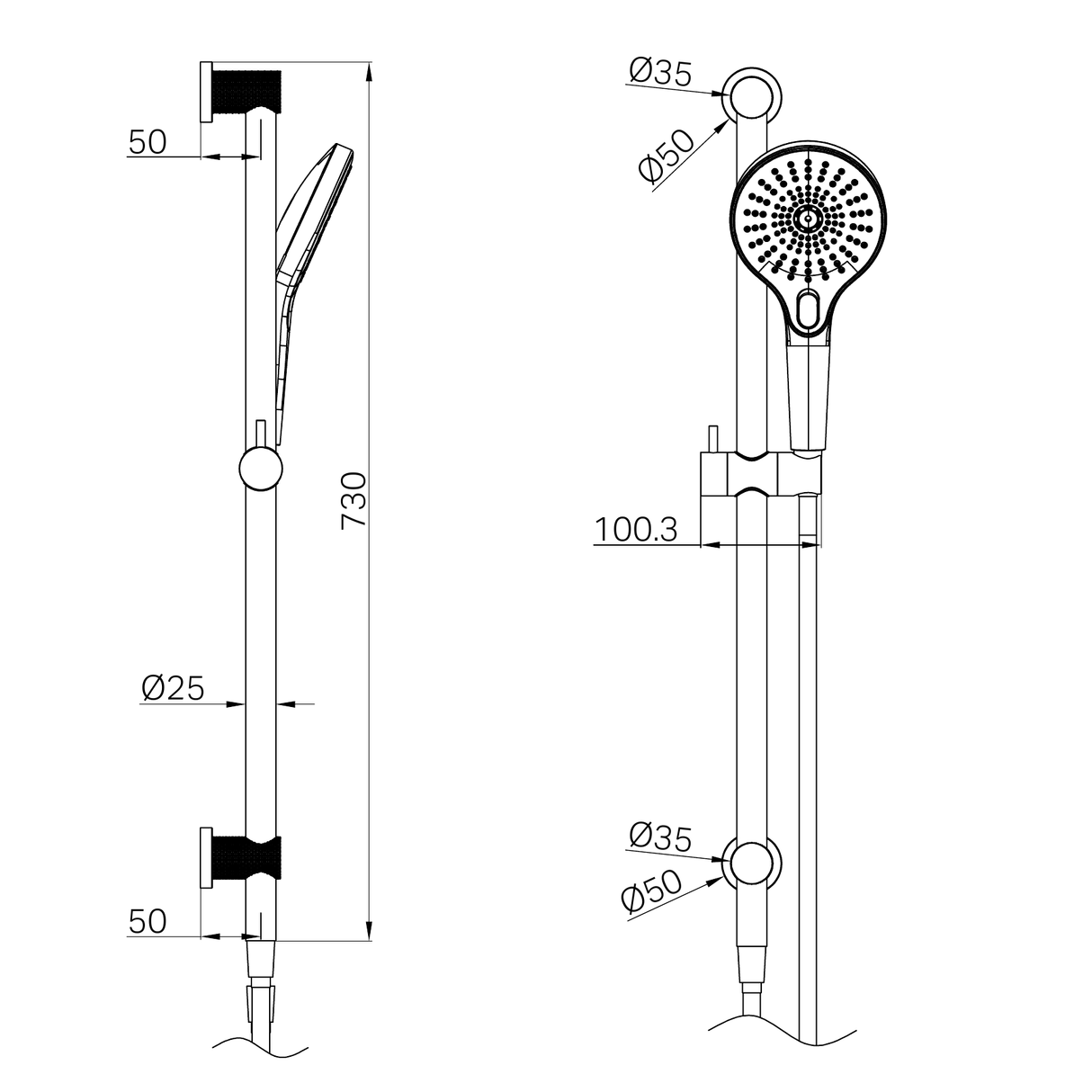 A line drawing of Nero Tapware Opal Shower Rail Brushed Nickel