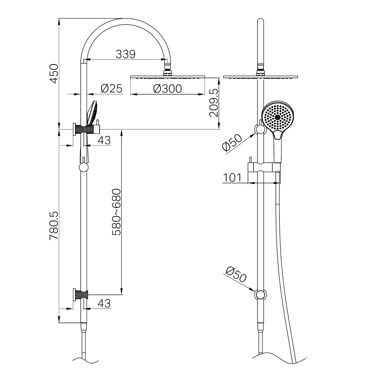 A line drawing of Nero Tapware Opal Twin Shower With Air Shower II Brushed Bronze