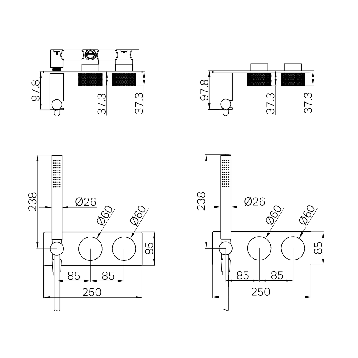 A line drawing of Nero Tapware Opal Progressive Shower System Brushed Gold