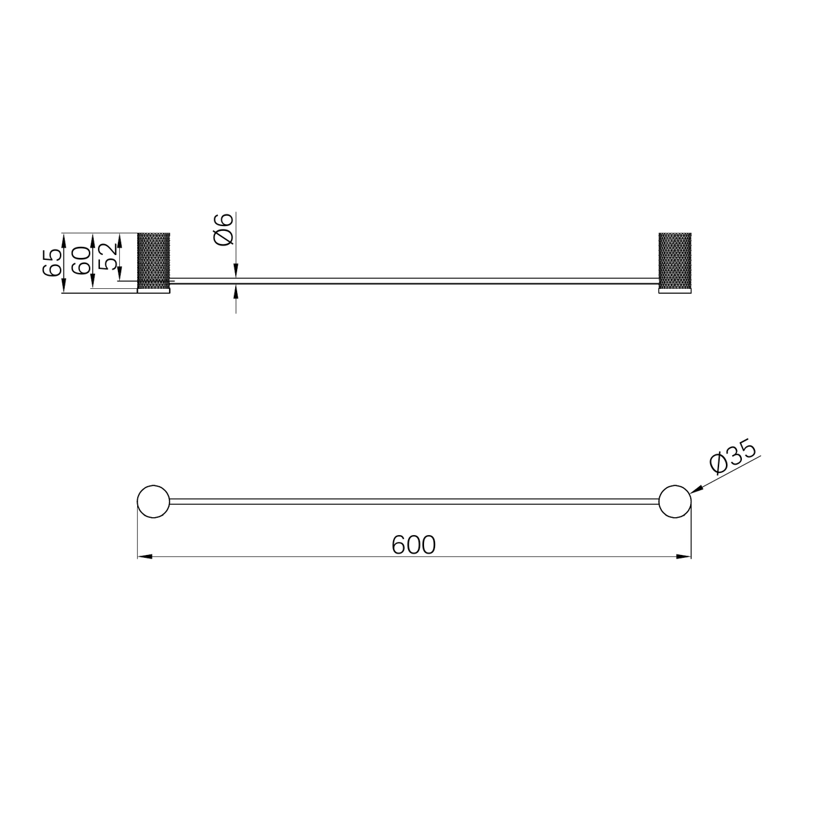 A line drawing of Nero Tapware Opal Single Towel Rail 600mm Graphite