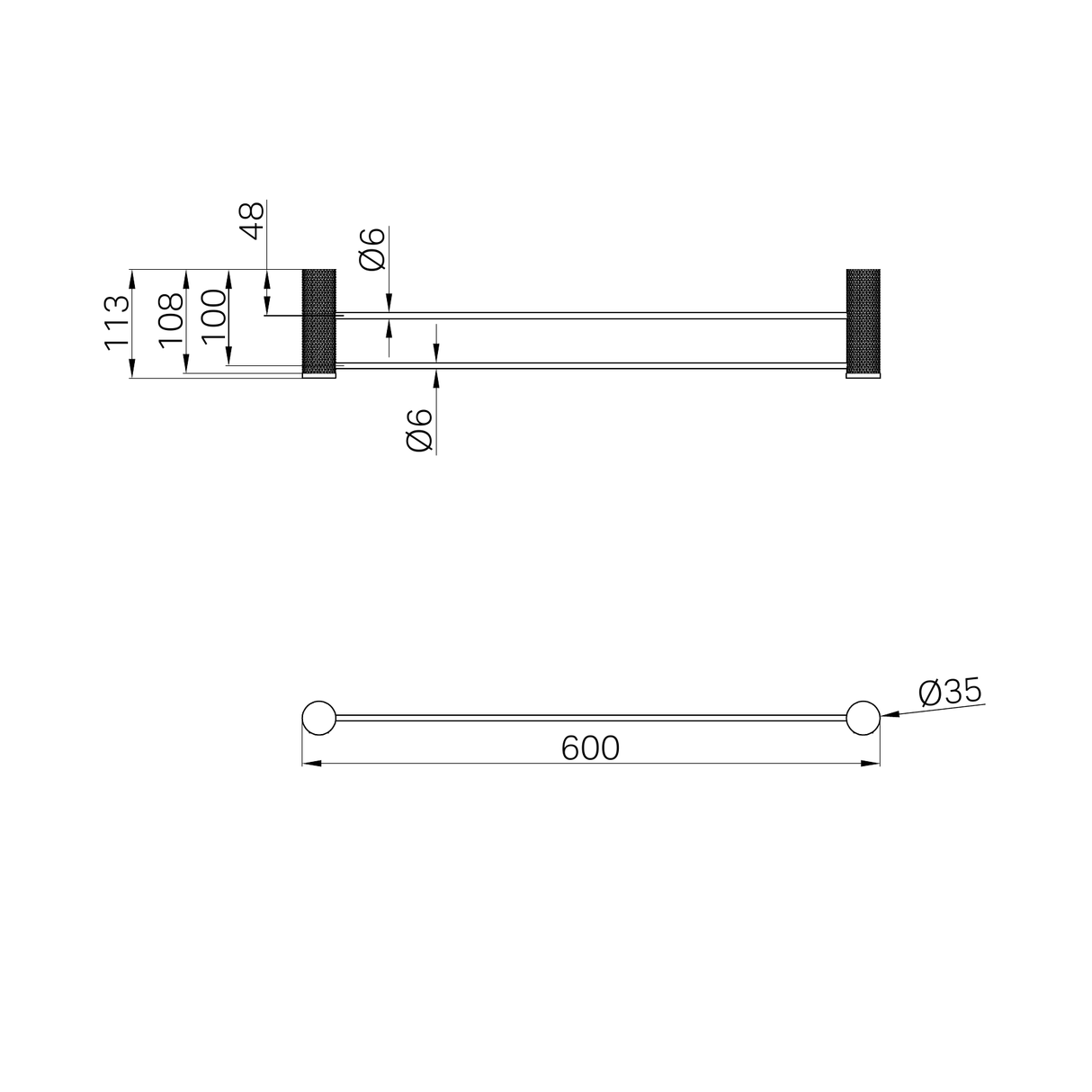 A line drawing of Nero Tapware Opal Double Towel Rail 600mm Graphite