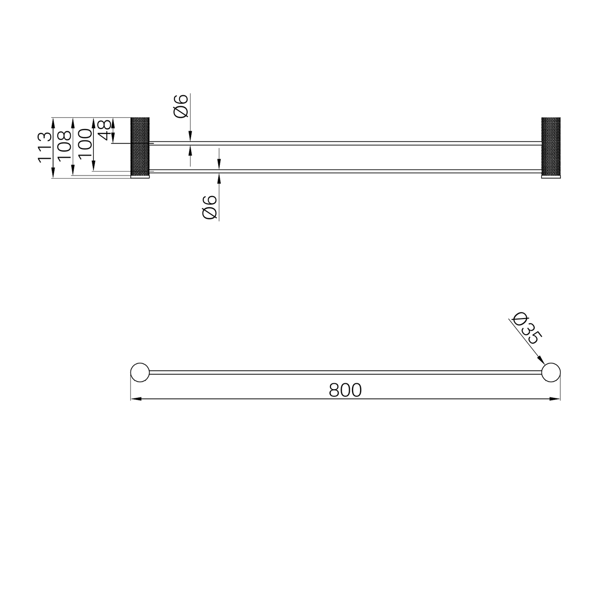 A line drawing of Nero Tapware Opal Double Towel Rail 800mm Graphite