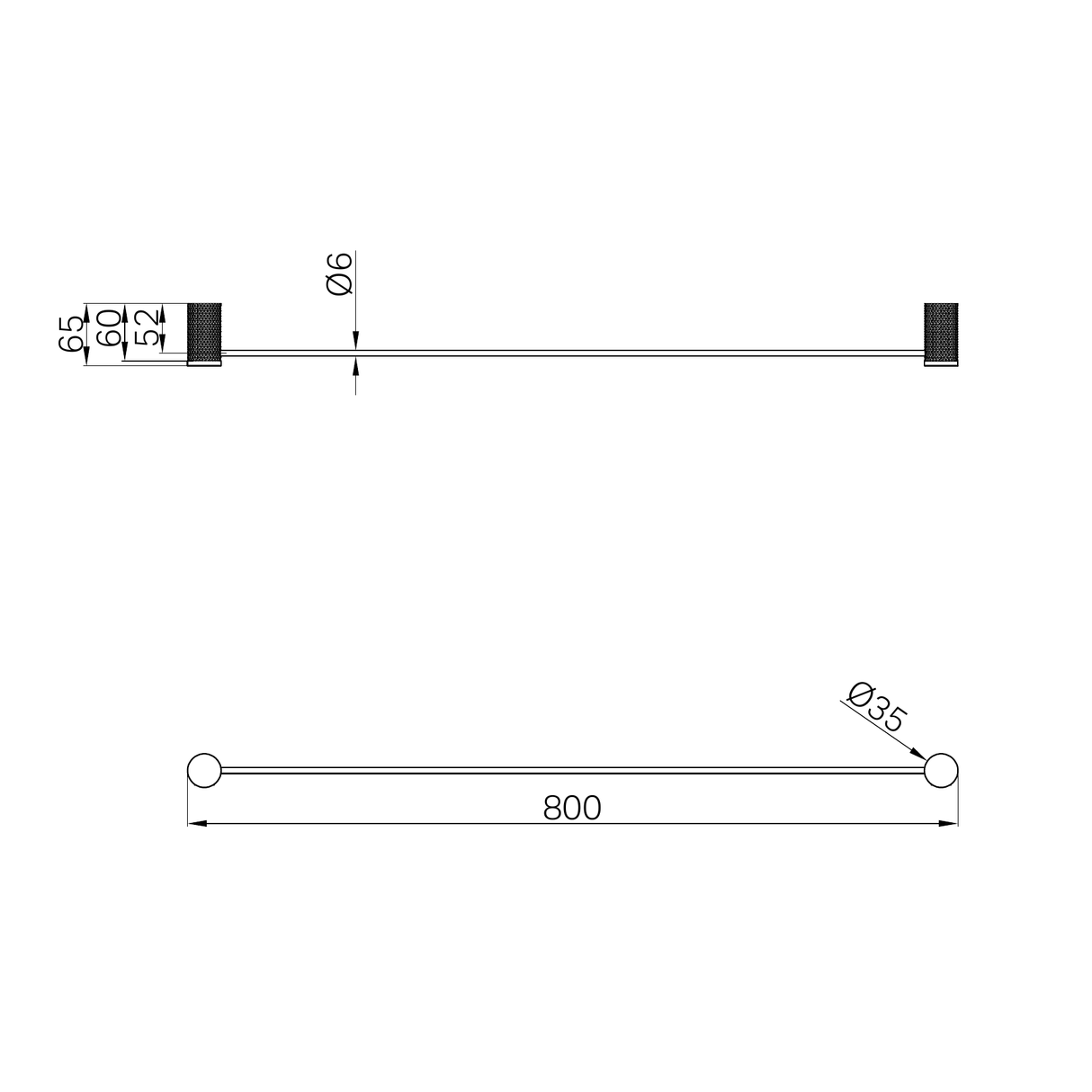 A line drawing of Nero Tapware Opal Single Towel Rail 800mm Brushed Bronze