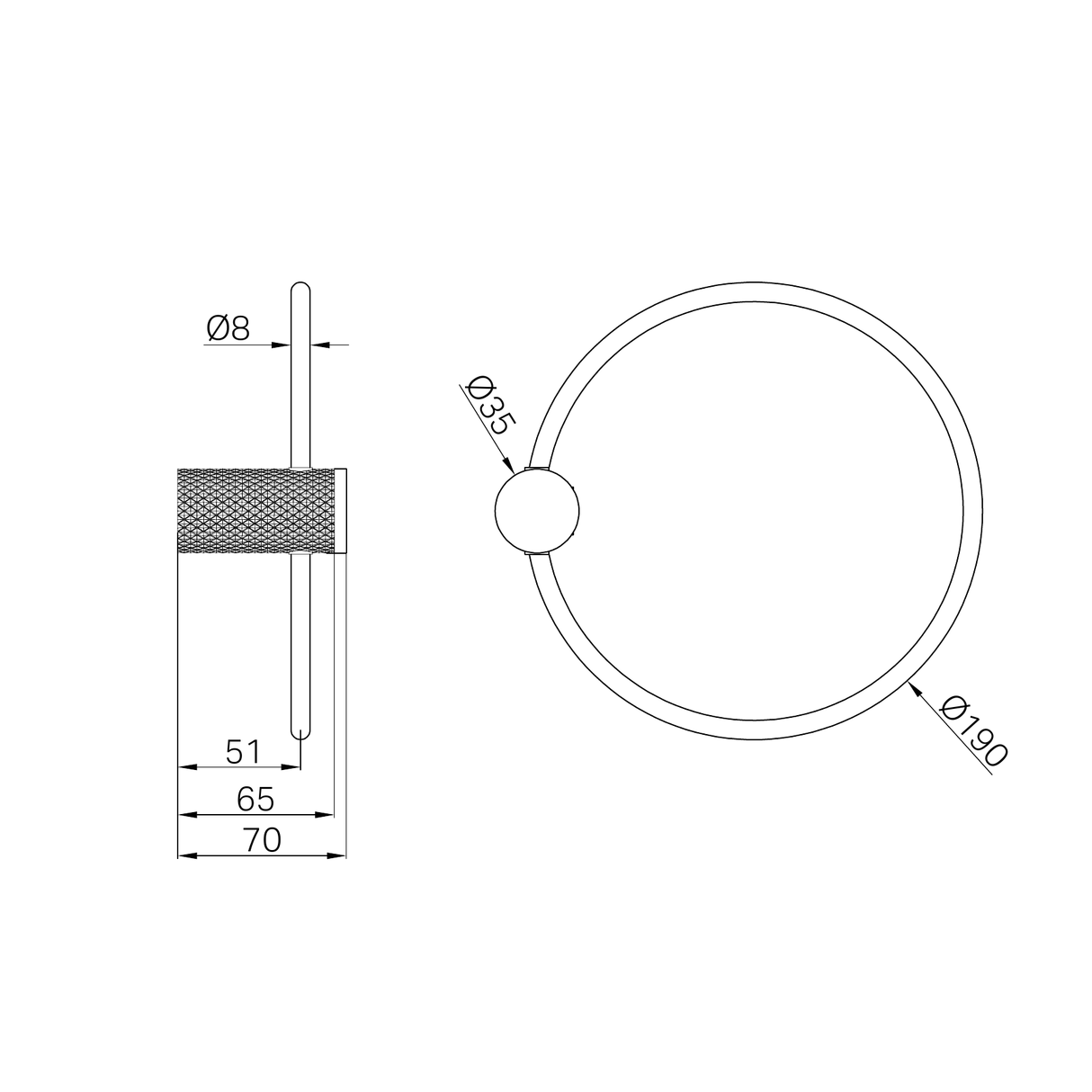 A line drawing of Nero Tapware Opal Towel Ring Brushed Bronze