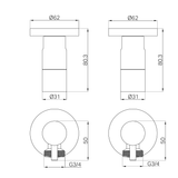 A line drawing of Nero Tapware Washing Machine Tap Set Brushed Gold