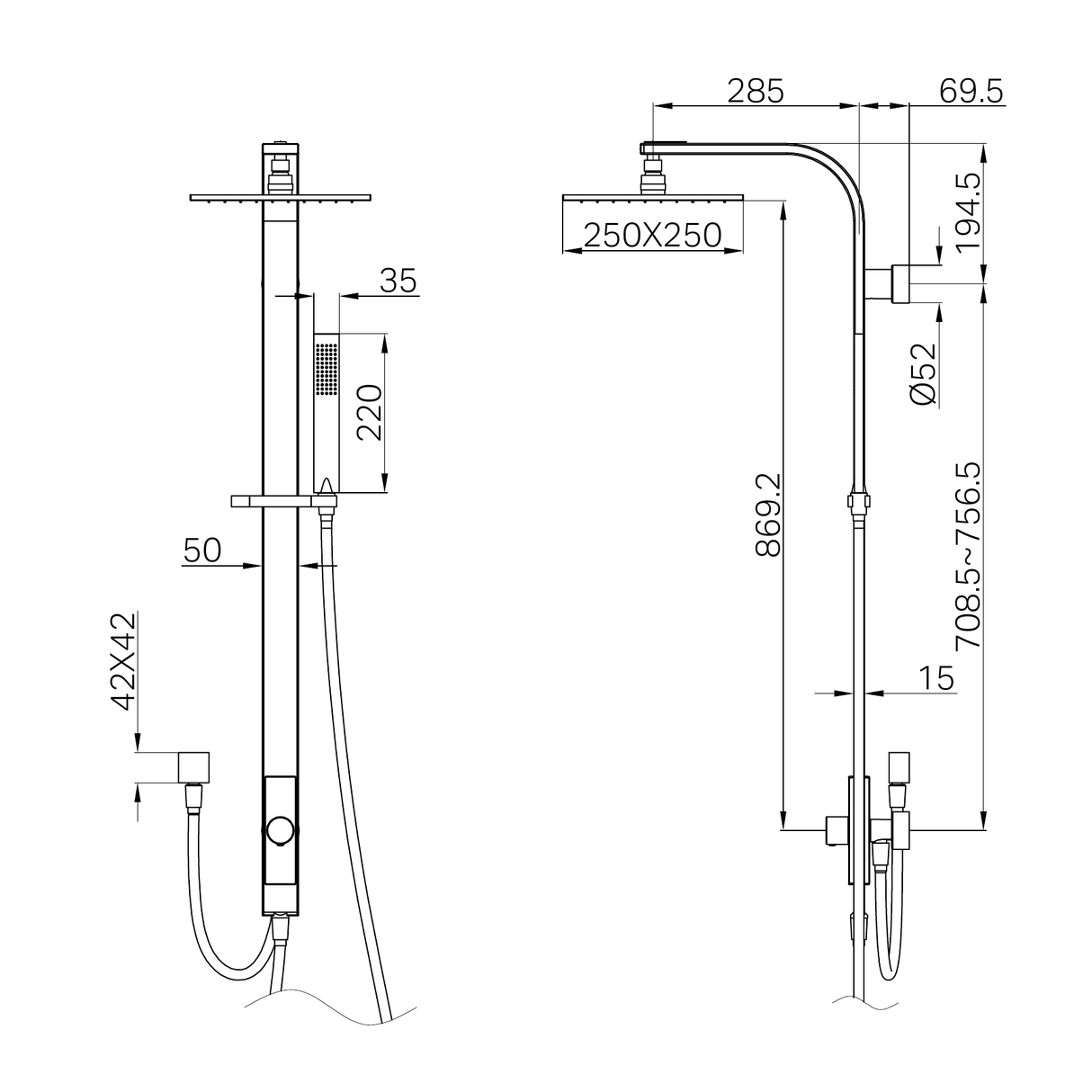 A line drawing of Nero Tapware Astra Rain Square Twin Shower Double Hose Matte Black