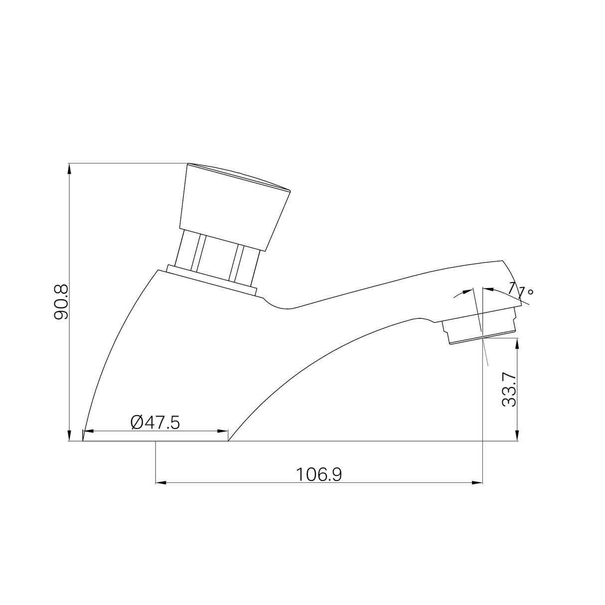 A line drawing of Nero Tapware Classic Push Tap Chrome