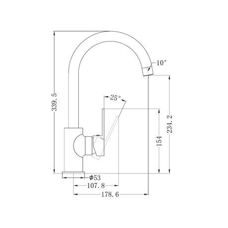 A line drawing of Nero Tapware Ecco Kitchen Mixer Brushed Nickel