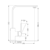 A line drawing of Nero Tapware Celia Kitchen Mixer Builders Range Matte Black