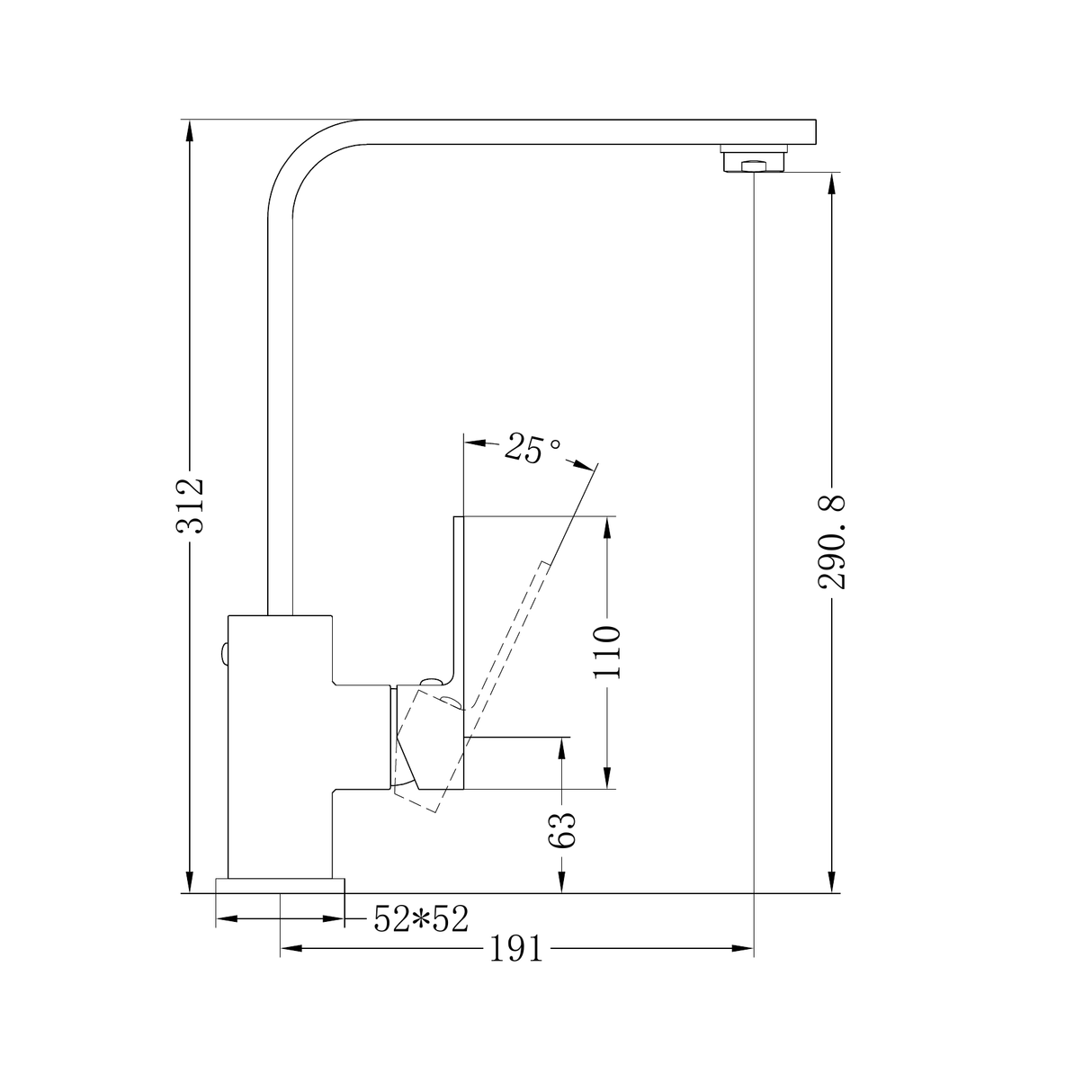 A line drawing of Nero Tapware Celia Kitchen Mixer Builders Range Chrome