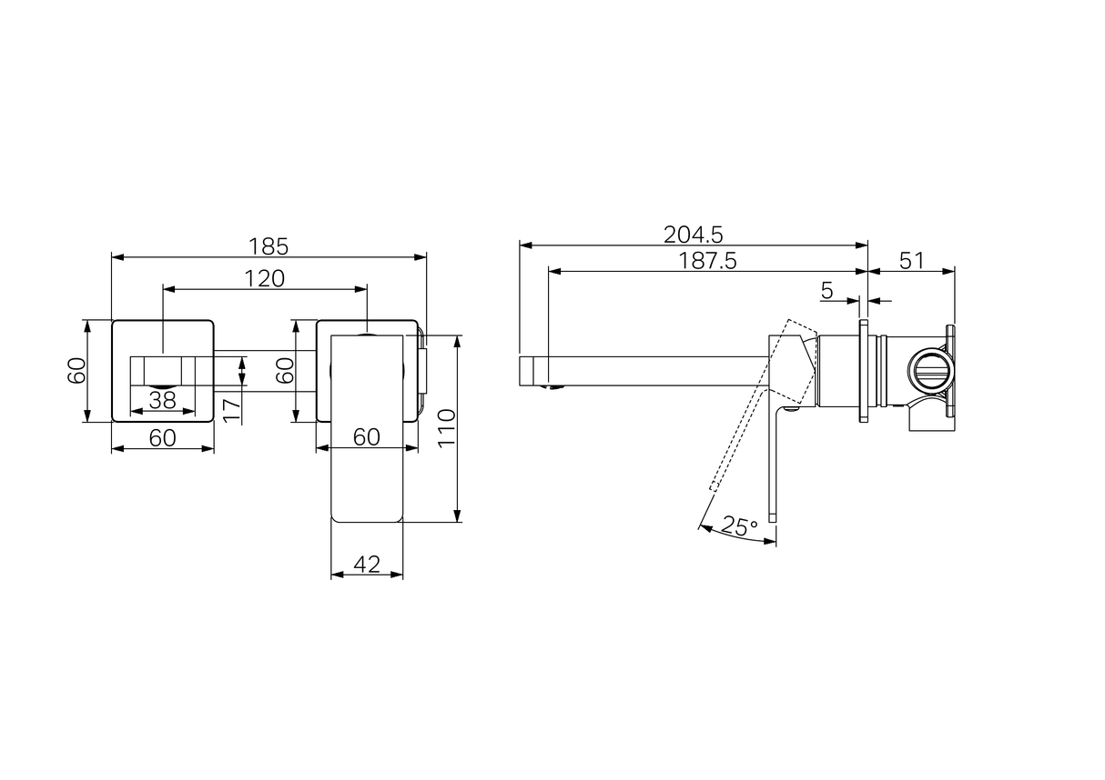 A line drawing of Nero Tapware Celia Wall Basin/Bath Mixer Separate Back Plate Chrome
