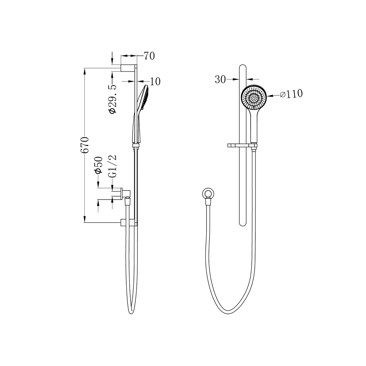 A line drawing of Nero Tapware Ecco Shower Rail With Air Shower Matte Black
