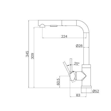A line drawing of Nero Tapware Pull Out Sink Mixer With Vegie Spray Function Chrome