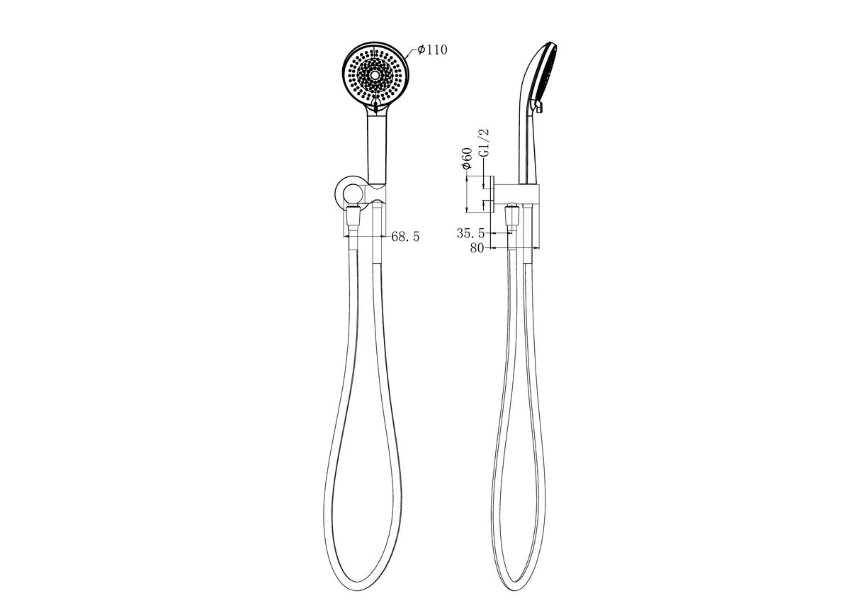 A line drawing of Nero Tapware Project Round Shower On Bracket 4 Star Rating Matte Black