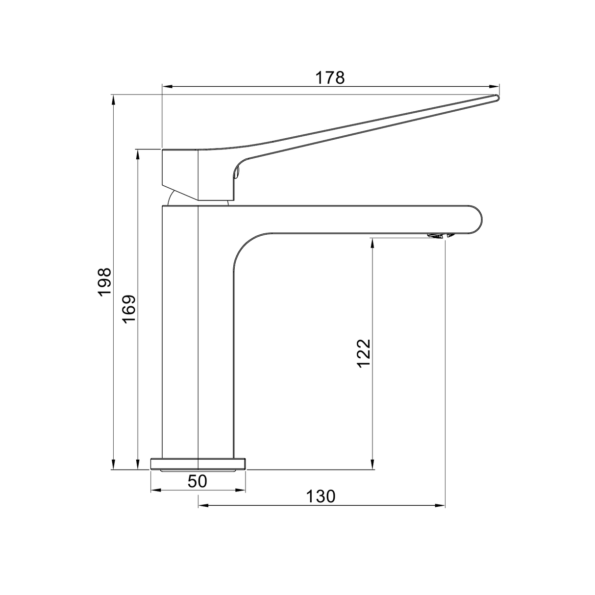 A line drawing of Nero Tapware Bianca Care Basin Mixer Gun Metal