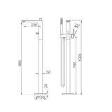 A line drawing of Nero Tapware Bianca Freestanding Bath Mixer With Hand Shower Brushed Nickel