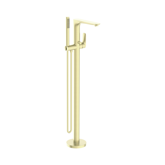 An image of Nero Tapware Bianca Freestanding Bath Mixer With Hand Shower Brushed Gold