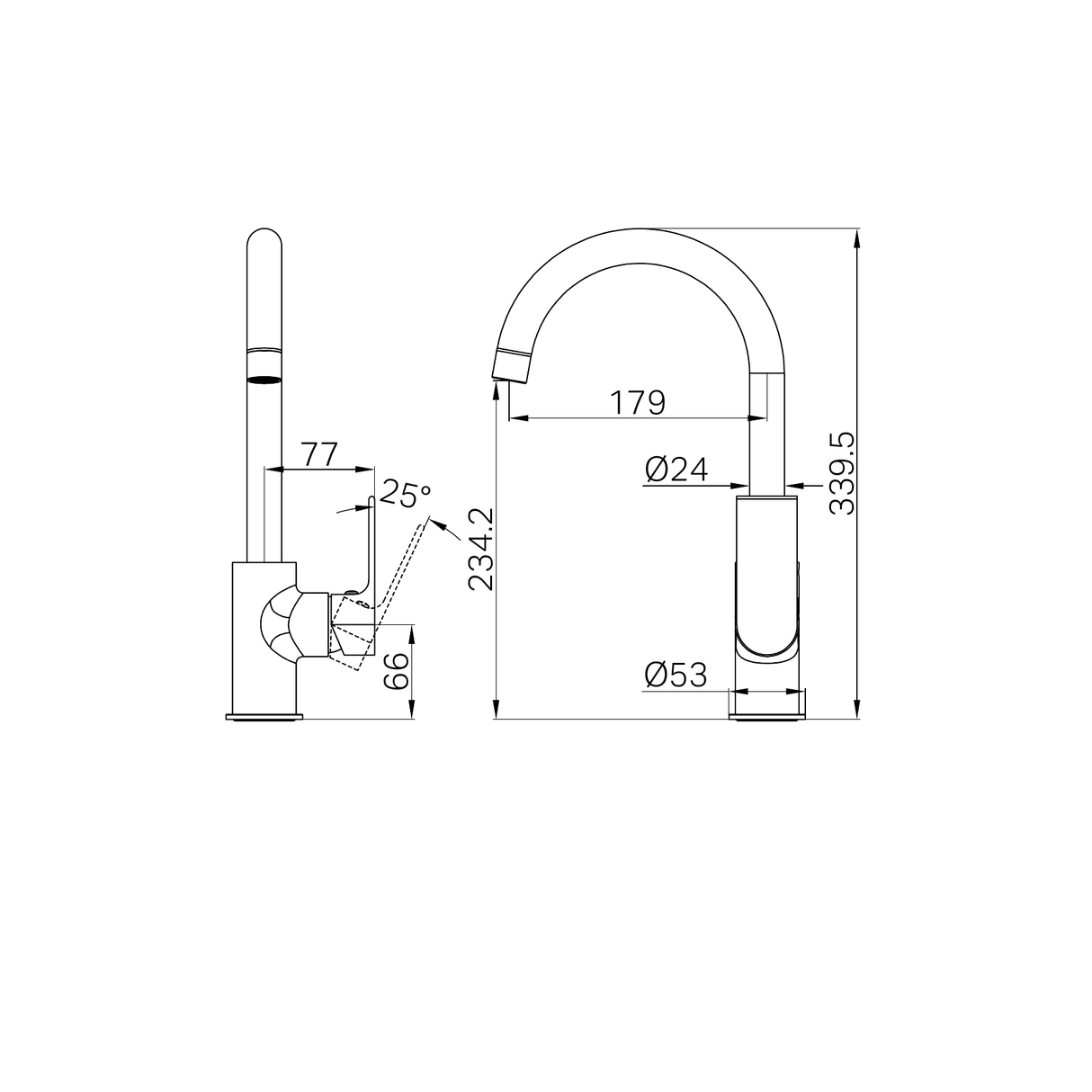 A line drawing of Nero Tapware Bianca Kitchen Mixer Gooseneck Spout Gun Metal
