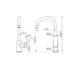 A line drawing of Nero Tapware Bianca Kitchen Mixer Gooseneck Spout Chrome