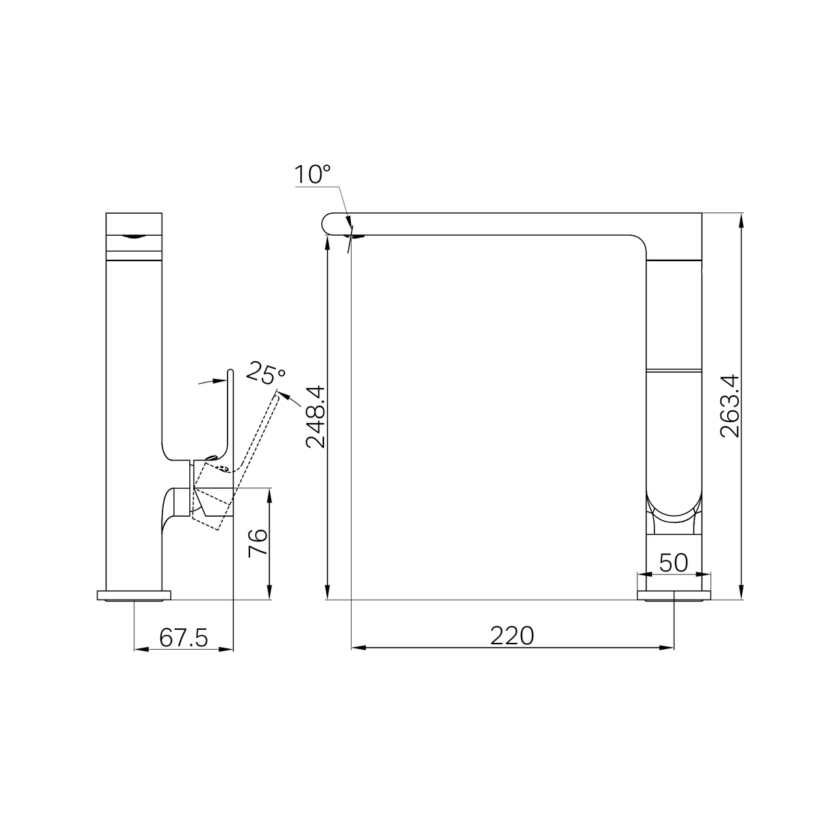 A line drawing of Nero Tapware Bianca Kitchen Mixer Matte Black
