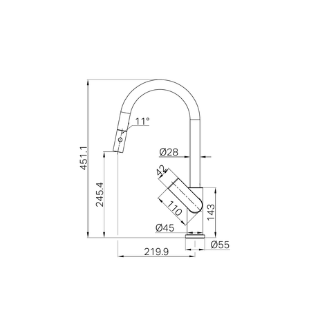 A line drawing of Nero Tapware Bianca Pull Out Sink Mixer With Vegie Spray Function Brushed Gold