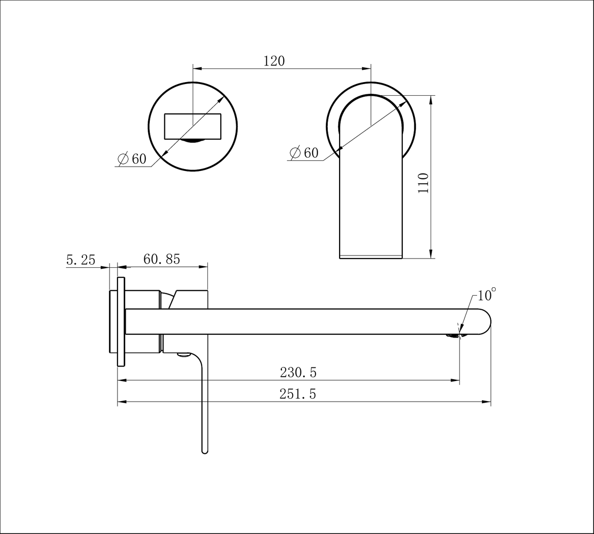 A line drawing of Nero Tapware Bianca Wall Basin/Bath Mixer Separate Back Plate 230mm Trim Kits Only Chrome