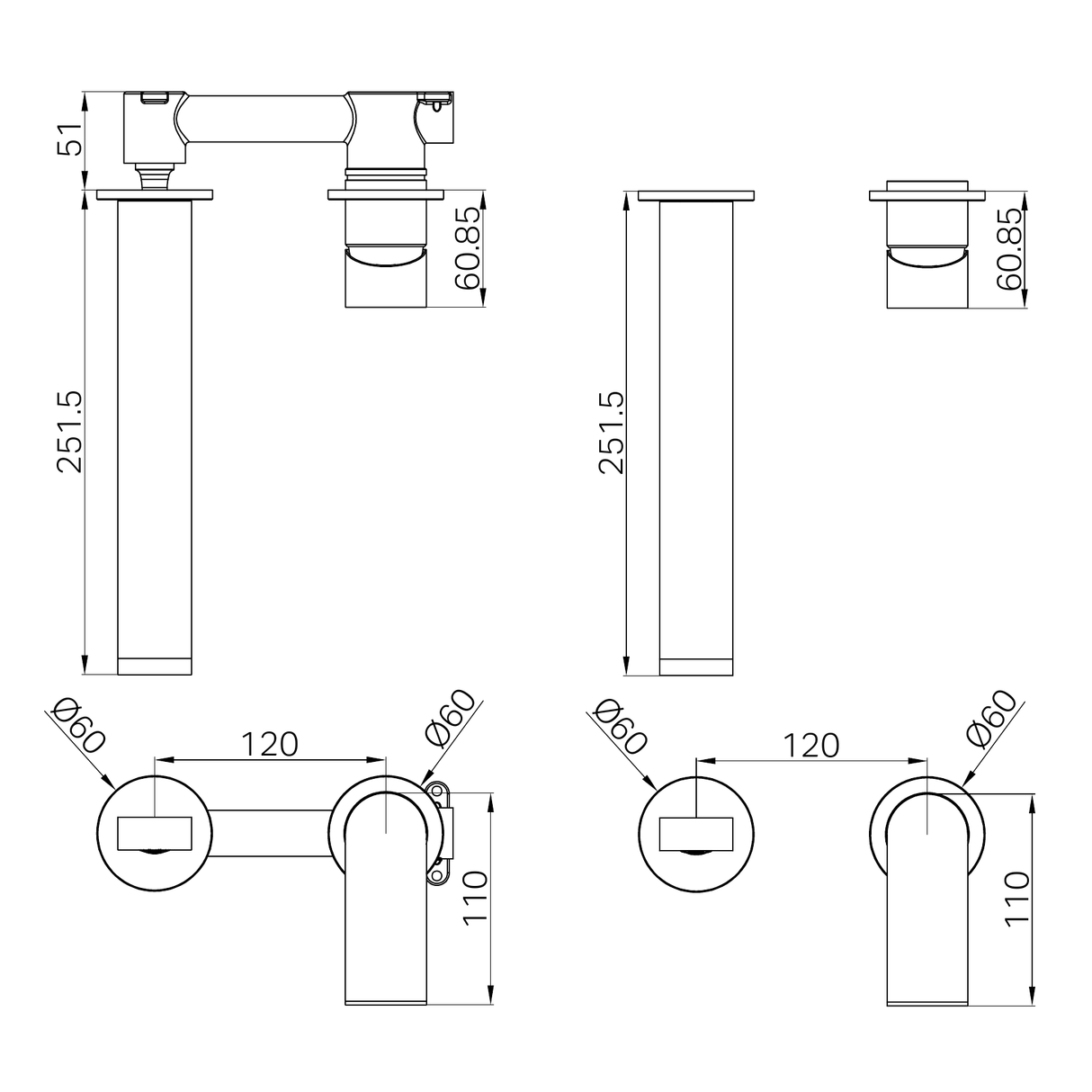 A line drawing of Nero Tapware Bianca Wall Basin/Bath Mixer Separate Back Plate 230mm Chrome