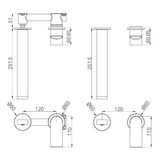 A line drawing of Nero Tapware Bianca Wall Basin/Bath Mixer Separate Back Plate 230mm Chrome