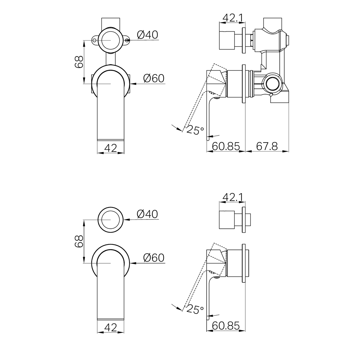 A line drawing of Nero Tapware Bianca Shower Mixer With Diverter Separate Back Plate Chrome