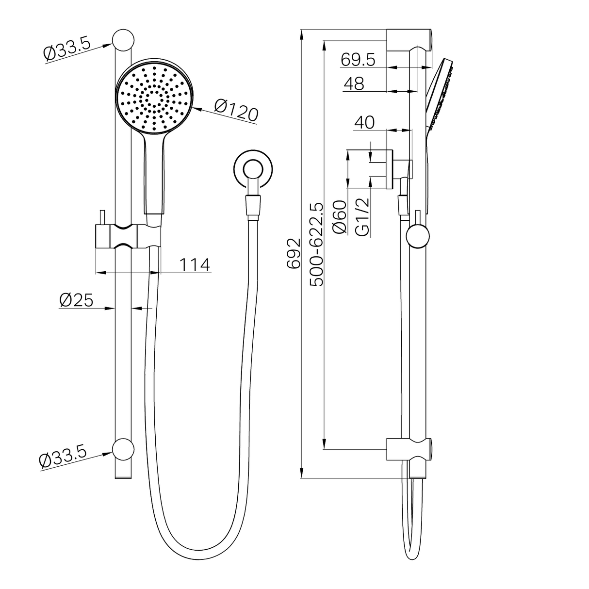 A line drawing of Nero Tapware Dolce II Rail Shower Matte Black