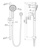 A line drawing of Nero Tapware Dolce II Rail Shower Matte Black