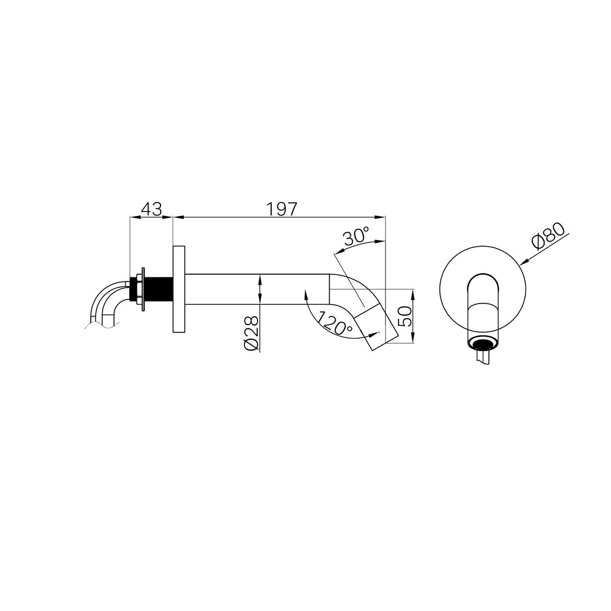 A line drawing of Nero Tapware Mecca Wall-Mounted Sensor Tap with 80mm Wall Plate Chrome